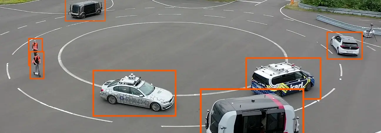 [Connected vehicles in a roundabout surrounded by vehicle detection]